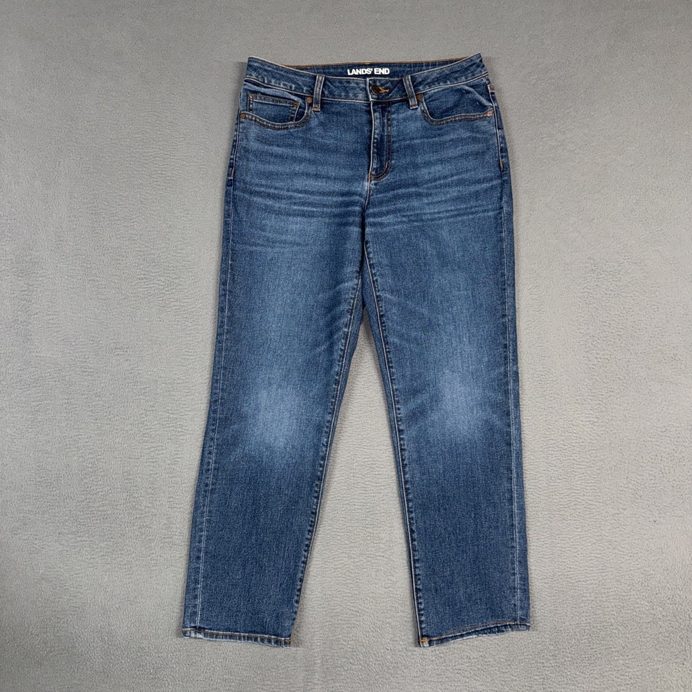 Lands End Jeans Womens 8P Blue Straight Leg Stretch Distressed Denim Cotton